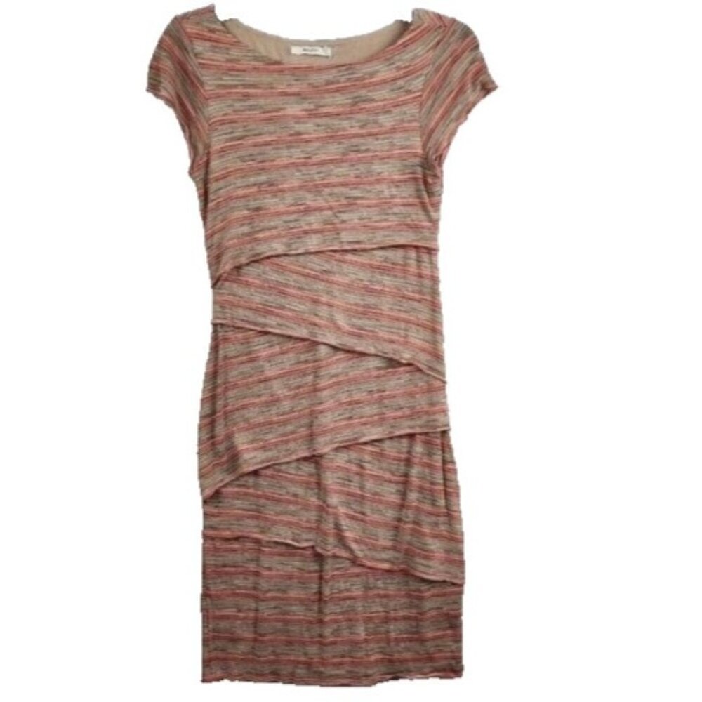 Anthropologie Bailey 44 Womens Bdycon Dress Small Tan Red Striped Short Sleeve